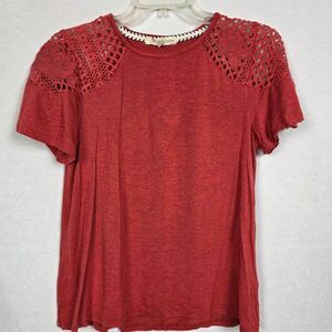 Rewind S Red Lace Shoulder Short Sleeve Boho Top